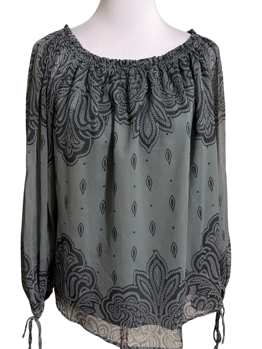 LOFT Gray Paisley Peasant Blouse Off Shoulder Large